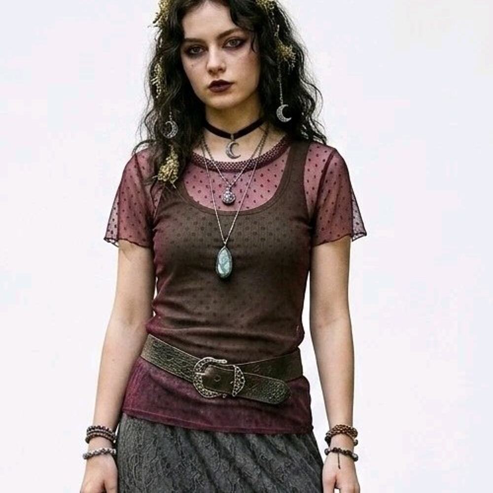 VS Whimsigoth Sheer Mesh Dot Top Burgundy Fairy Grunge Witchy Lace Tee Small